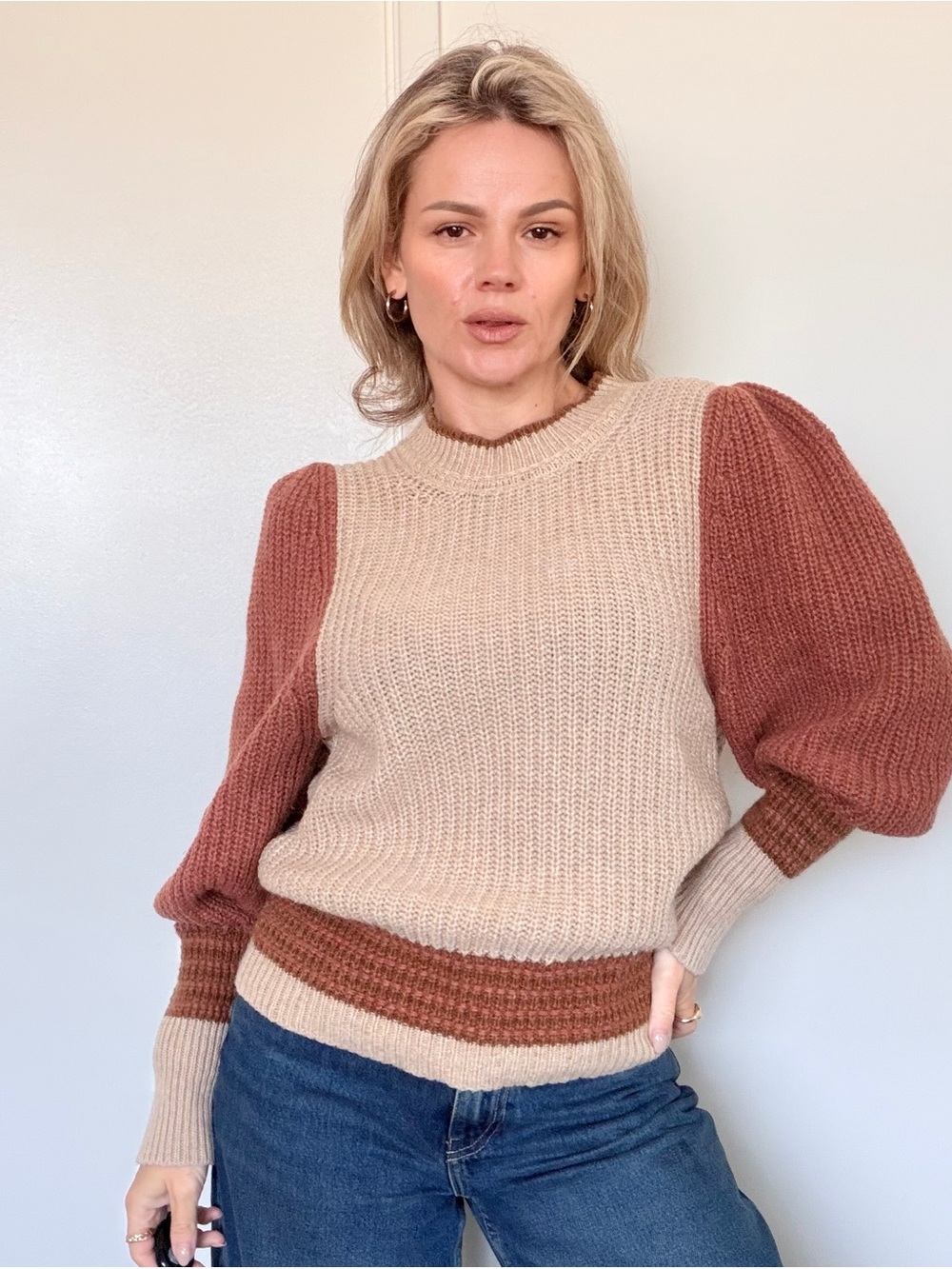 Vanessa Bruno Poplia Two-Tone Ribbed Crewneck Sweater in Cream and Brown